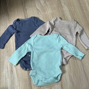 Cloud Island Blue and Tan Ribbed Bodysuits